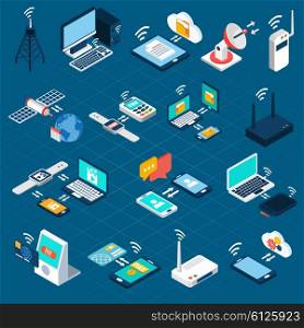 Wireless technologies isometric icons. Wireless technologies isometric icons set with mobile communication devices 3d vector illustration