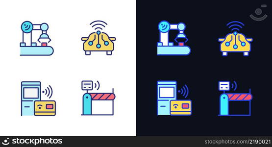 Wireless technologies pixel perfect light and dark theme color icons set. Remote device control. Internet of Things. Simple filled line drawings. Bright cliparts on white and black. Editable stroke. Wireless technologies pixel perfect light and dark theme color icons set