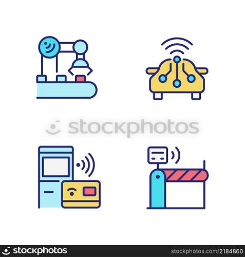 Wireless technologies pixel perfect RGB color icons set. Remote device control. Internet of Things. Isolated vector illustrations. Simple filled line drawings collection. Editable stroke. Wireless technologies pixel perfect RGB color icons set