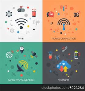 Wireless Technology 4 Flat Icons Square. Satellite wireless connection technology for mobile electronic devices 4 flat icons square composition banner abstract isolated vector illustration