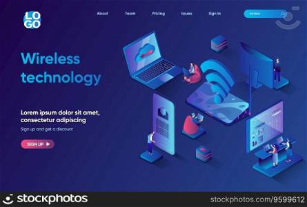 Wireless technology concept 3d isometric web landing page. People use wifi hotspot to get internet access from laptop or smart phone, online connection. Vector illustration for web template design
