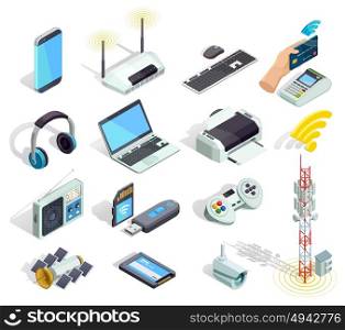 Wireless Technology Devices Isometric Icons Set. Wireless connection technology electronic gadgets and devices isometric icons collection with printer router and keyboard isolated vector illustration