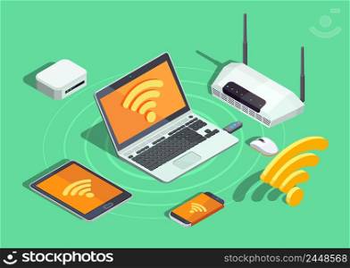 Wireless technology devices isometric poster with laptop printer smartphone router and wifi internet connection symbol vector illustration . Wireless Technology Electronic Devices Isometric Poster