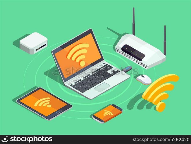 Wireless Technology Electronic Devices Isometric Poster. Wireless technology devices isometric poster with laptop printer smartphone router and wifi internet connection symbol vector illustration