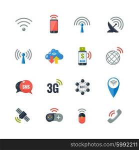 Wireless Technology Flat Icons Set. Wireless communication information transfer technology flat icons collection with antenna and smart cell phone abstract isolated vector illustration