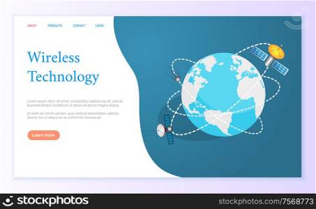 Wireless technology internet page vector. Globe planet Earth with spaceships and spacecrafts. Business networking worldwide connection and communication. Website template landing page in flat. Wireless Technology Internet Page Global Network