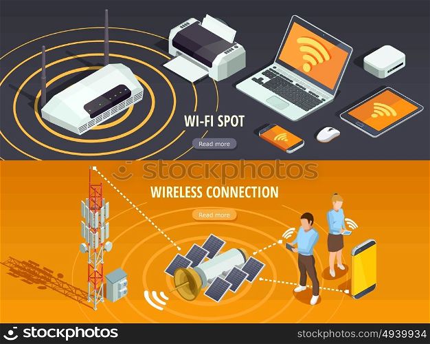 Wireless Technology Isometric Horizontal Banners Set. Internet wireless connection 2 isometric horizontal banners set with satellite signal and mobile devices isolated vector illustration