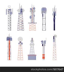 Wireless towers. Satellite communication, isolated radio aerial or cellular equipment. Antenna, telephone signal station vector illustration. Antenna radio, communication equipment aerial wireless. Wireless towers. Satellite communication, isolated radio aerial or cellular equipment. Antenna, telephone signal station vector illustration