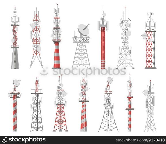 Wireless towers. Telecommunication network tower. Mobile and radio airwave connection systems. Communication satellite antennas vector set. Technology construction station for signal. Wireless towers. Telecommunication network tower. Mobile and radio airwave connection systems. Communication satellite antennas vector set