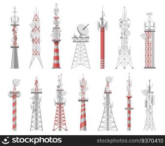 Wireless towers. Telecommunication network tower. Mobile and radio airwave connection systems. Communication satellite antennas vector set. Technology construction station for signal. Wireless towers. Telecommunication network tower. Mobile and radio airwave connection systems. Communication satellite antennas vector set