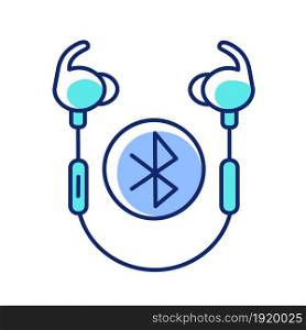 Wireless workout headphones RGB color icon. In ear earphones with hook to keep in place. Earpieces with remote control and mic. Isolated vector illustration. Simple filled line drawing. Wireless workout headphones RGB color icon