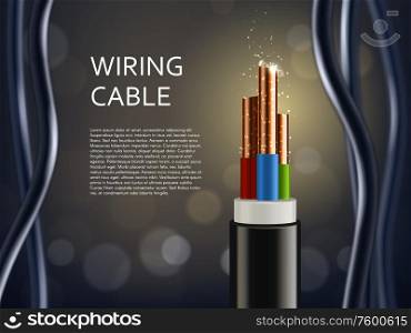 Wiring cable with copper shine sparks, vector poster. Realistic wire cable in cut with connection color wires, electricity, internet and television cable technology background. Electric wire cable, wires copper shine sparks