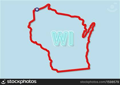Wisconsin US state bold outline map. Glossy red border with soft shadow. Two letter state abbreviation. Vector illustration.. Wisconsin US state bold outline map. Vector illustration