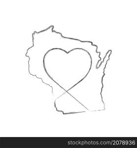 Wisconsin US state hand drawn pencil sketch outline map with heart shape. Continuous line drawing of patriotic home sign. A love for a small homeland. T-shirt print idea. Vector illustration.. Wisconsin US state hand drawn pencil sketch outline map with the handwritten heart shape. Vector illustration