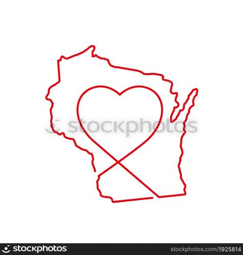 Wisconsin US state red outline map with the handwritten heart shape. Continuous line drawing of patriotic home sign. A love for a small homeland. T-shirt print idea. Vector illustration.. Wisconsin US state red outline map with the handwritten heart shape. Vector illustration