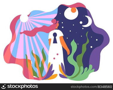 Wise female character searching for answers. Perception and self development, awareness and consciousness. Woman with moons and stars, planets and sunshine, zen and harmony. Vector in flat style. Self awareness and consciousness, perception wise