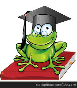 Wise frog cartoon on book