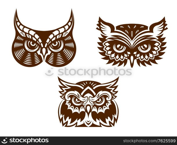 Wise old owl heads with decorative feather detail for tattoo or mascot design. Collection of wise old owl faces