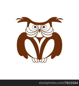 Wise owl isolated brown smart bird logo. Vector flying animal, best teacher award symbol of wisdom. Owl symbol of wisdom isolated smart bird