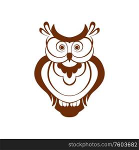 Wise owl isolated brown smart bird logo. Vector flying animal, best teacher award symbol of wisdom. Owl symbol of wisdom isolated smart bird