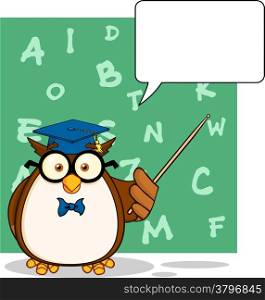 Wise Owl Teacher Cartoon Character With A Speech Bubble And Background
