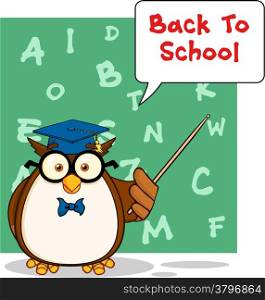 Wise Owl Teacher Cartoon Mascot Character With A Speech Bubble And Text