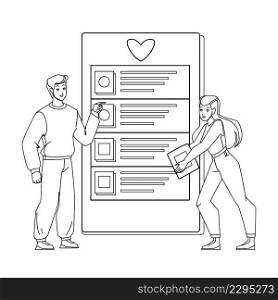 Wish List Create Write And Check Couple Black Line Pencil Drawing Vector. Young Man And Woman Writing And Checking Wish List, Preparing Present At Valentine Day Or Christmas Event. Characters. Wish List Create Write And Check Couple Vector