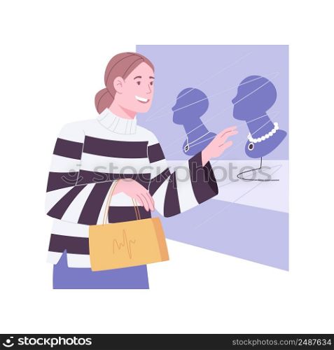 Wish list isolated cartoon vector illustrations. Pretty girl looks at the shop window, dreaming about jewelry, clothes and accessories, consumerism movement, expensive purchases vector cartoon.. Wish list isolated cartoon vector illustrations.