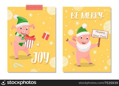Wishes greeting with smiling piggy in green hat and Santa beard holding card wishes happy new year. Pig in scarf with gift box near sweet vector postcard. Wishes Greeting with Piglets Gifts and Card Vector