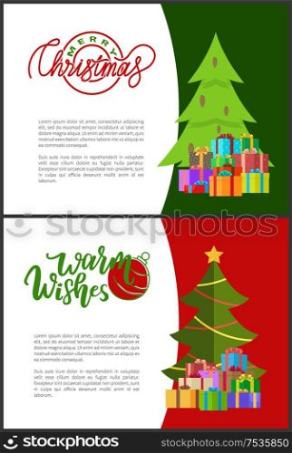 Wishes of happy New Year. Merry Christmas postcards with green Xmas trees with cones, presents in decorative wrappings. Lettering inscriptions on invitations.. Wishes of Happy New Year Merry Christmas Postcards