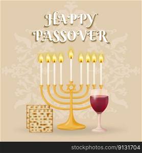 Wishing you a joyous Passover celebration  This festive background showcases the Menorah, Matzah, matzo,and a glass of red wine against a beautifully patterned design. Vector illustration.. Wishing you a joyous Passover celebration  