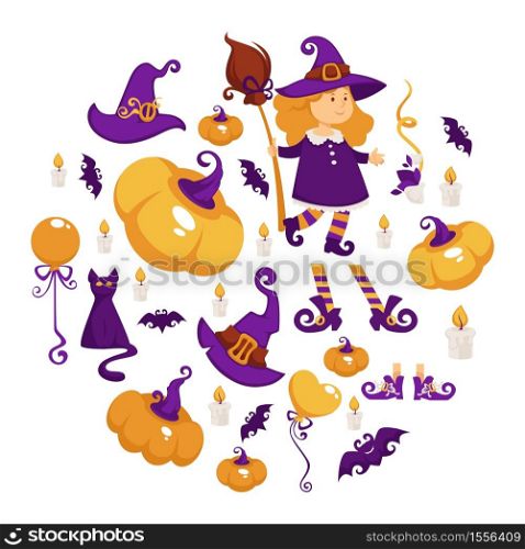 Witch and pumpkins Halloween party costume girl child vector trick or treat cat and broomstick bat and candle balloon and hat footwear, and dress autumn holiday celebration dressed kid animals. Halloween party girl in witch costume trick or treat