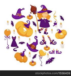 Witch and pumpkins Halloween party costume girl child vector trick or treat cat and broomstick bat and candle balloon and hat footwear, and dress autumn holiday celebration dressed kid animals. Halloween party girl in witch costume trick or treat
