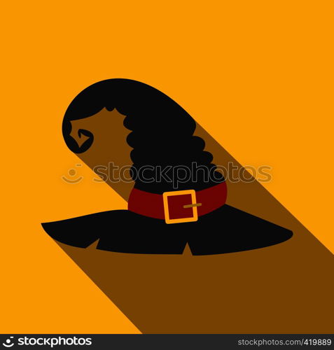 Witch black hat flat icon on a yellow background. Witch black hat flat