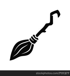 Witch broomstick glyph icon. Silhouette symbol. Magical broom stick for hag, sorceress. Halloween magic item. Flying wooden broom, besom. Witchcraft & sorcery tool. Vector isolated illustration