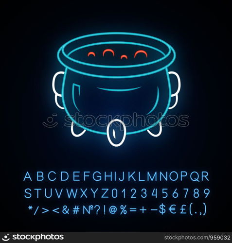Witch cauldron neon light icon. Brew potion. Wicked witchcraft & sorcery. Witch soup. Iron pot, boiler with boiling magical poison, liquid. Glowing alphabet, numbers. Vector isolated illustration