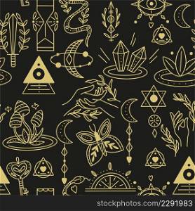 Witch craft magical symbols seamless pattern. Background with esoteric items for rituals, witch spells. Template with gold design for wallpaper, fabric and packaging vector illustration. Witch craft magical symbols seamless pattern