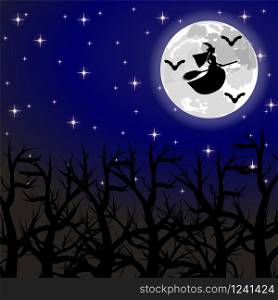 witch flying on a broom on a full moon in the forest