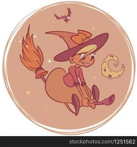 Witch flying on her broom isolated. Vector illustration for Halloween poster or party invitation
