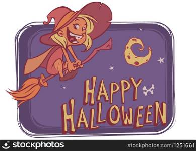 Witch flying on her broom on bight background with funny moon. Vector illustration for Halloween poster or party invitation