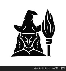 Witch glyph icon. Silhouette symbol. Wicked sorceress, hag with broomstick. Halloween costume. Evil old woman in wizard hat and broom stick. Negative space. Vector isolated illustration