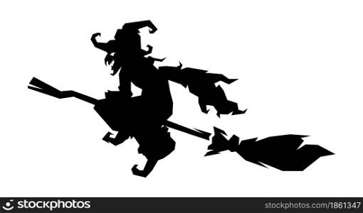 witch, hag silhouette flying with magic broom isolated on white background vector illustration.