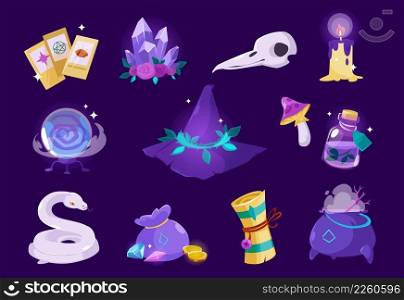 Witch hat, magic crystals, bottle with potion, bird skull, cauldron and tarot cards. Vector cartoon set of esoteric objects, witchcraft equipment, snake, mushroom, candle and scroll with spell. Witch hat, magic crystal, potion, tarot cards