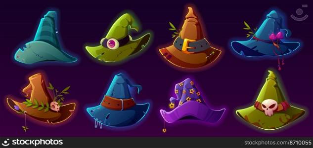 Witch hats cartoon vector set. Wizard headwear, magician caps decorated with mushrooms, plant branches, leaves, eyeball or star. Halloween party costume for sorceress or astrologer isolated collection. Witch hats cartoon vector set, wizard headwear,