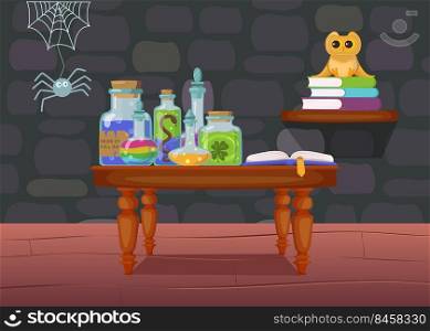 Witch house with potion in bottles, book on table. Spooky home interior with spider and owl. Flat vector illustration. Halloween holiday concept