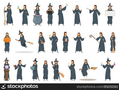 Witch icons set cartoon vector. Woman costume. Magician potion. Witch icons set cartoon vector. Woman costume