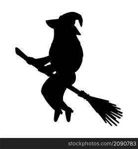 Witch in a hat flies on a broomstick. Black silhouette. Design element. Vector illustration isolated on white background. Template for books, stickers, posters, cards, clothes. Halloween theme.