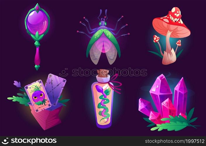 Witch items magic mirror, laughing fly agaric mushroom, bottle with snake, tarot cards, pinned bug and crystal. Assets elements for game, isolated wizard stuff, Cartoon vector illustration, icons set. Witch magic items , cartoon wizard stuff icons set