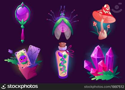 Witch items magic mirror, laughing fly agaric mushroom, bottle with snake, tarot cards, pinned bug and crystal. Assets elements for game, isolated wizard stuff, Cartoon vector illustration, icons set. Witch magic items , cartoon wizard stuff icons set