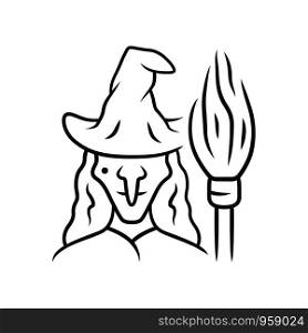 Witch linear icon. Thin line illustration. Wicked sorceress, hag with broomstick. Halloween costume. Evil old woman in wizard hat. Contour symbol. Vector isolated outline drawing. Editable stroke